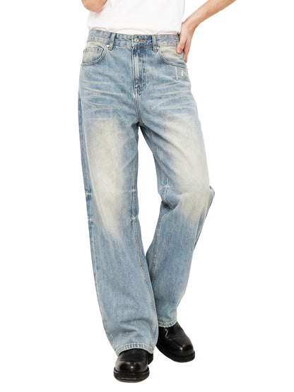 Sun Fade Raw Hem Denim Jeans - Model 1