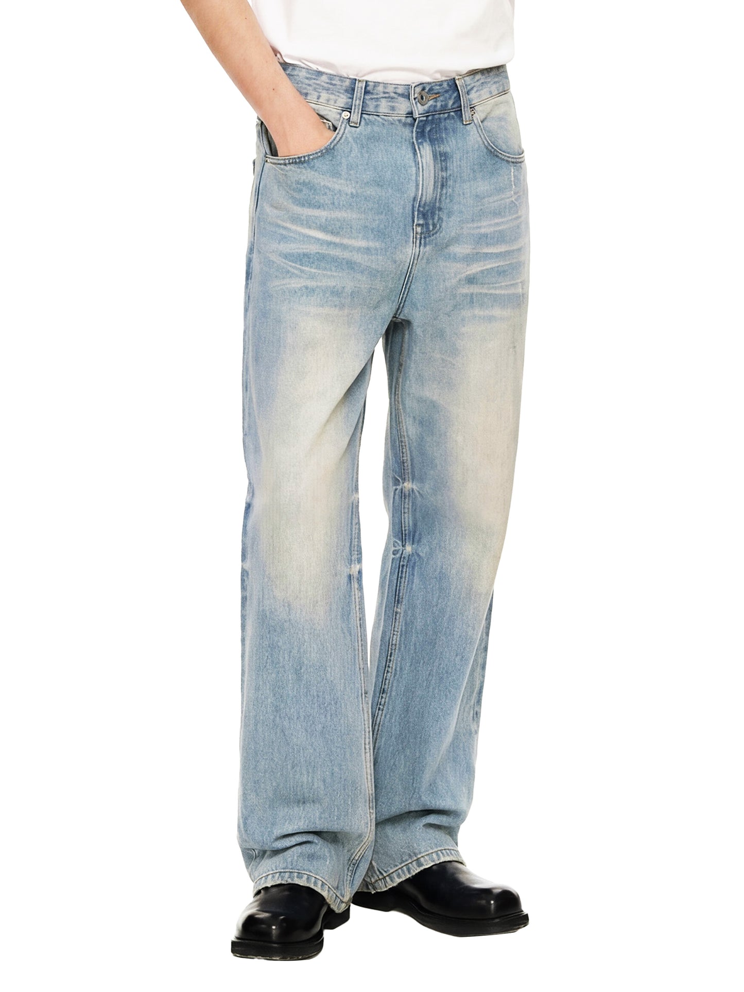 Sun Fade Raw Hem Denim Jeans - Model 2