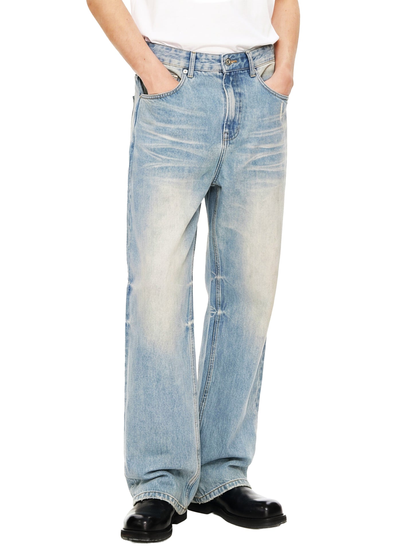 Sun Fade Raw Hem Denim Jeans - Model 3